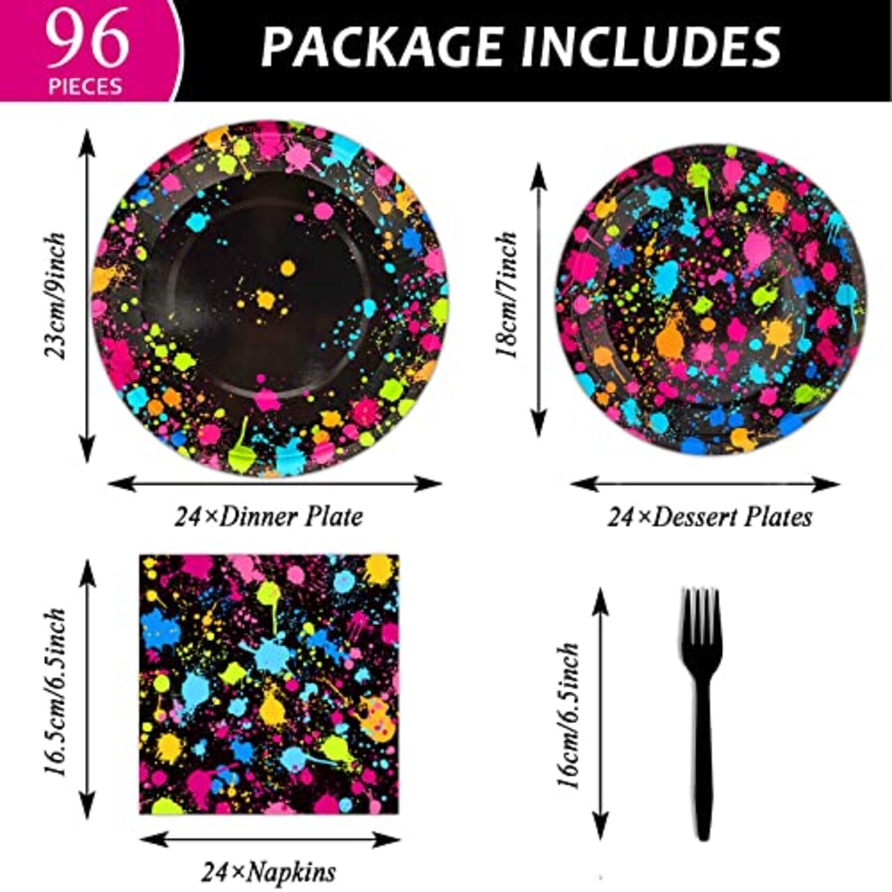 96 Pieces Party Supplies for 24 Guests Glow Party Plates Napkins Tableware Neon Glow Birthday Colorful Graffiti Party Decoration Favor,